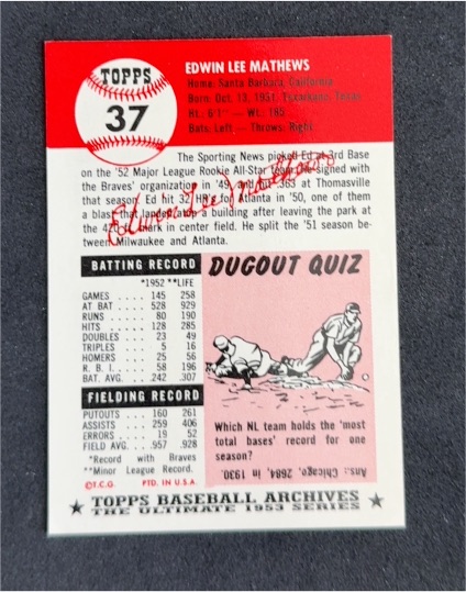 1991 Topps Archives 1953 Reprint #37 Ed Mathews — front