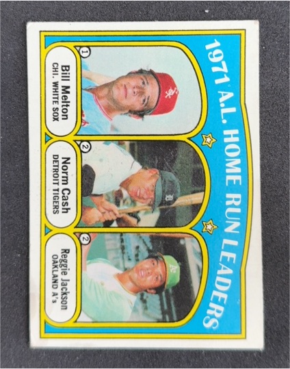 1972 Topps #90 1971 A.L. Home Run Leaders Reggie Jackson, Norm Cash, Bill Melton — front