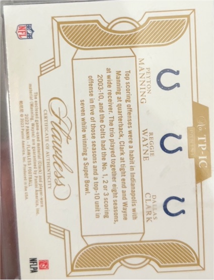 2010 Panini Flawless TP-1C Peyton Manning, Reggie Wayne, Dallas Clark — front