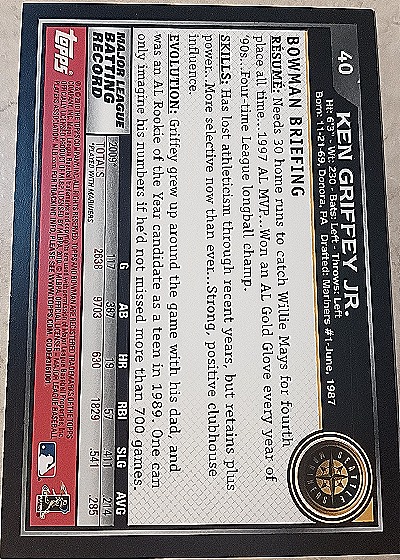 2010 Bowman #40 Ken Griffey Jr. — back