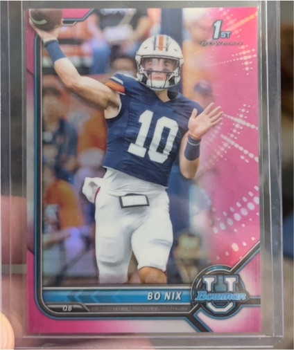 2021 Bowman University #8 Bo Nix Pink Refractor 1st Bowman — front