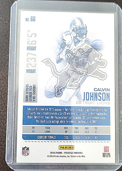 2016 Panini Prestige #66 Calvin Johnson — back