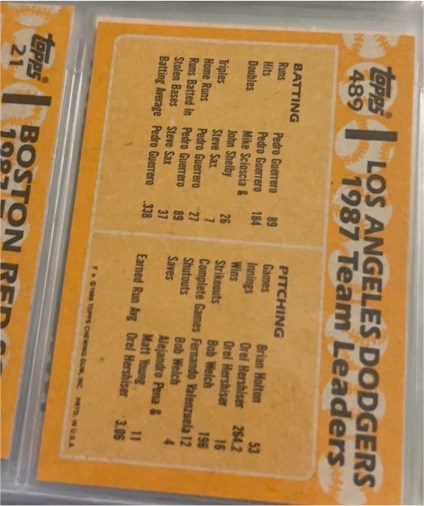 1988 Topps #489 Los Angeles Dodgers Team Leaders — front