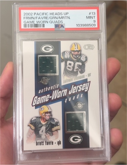 2002 Pacific Heads Up #13 Brett Favre / Freeman / Chmura / Brooks Game Worn Quads — front