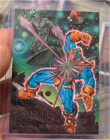 1992 SkyBox Marvel Masterpieces #2-D Silver Surfer vs Thanos Battle Spectra — front