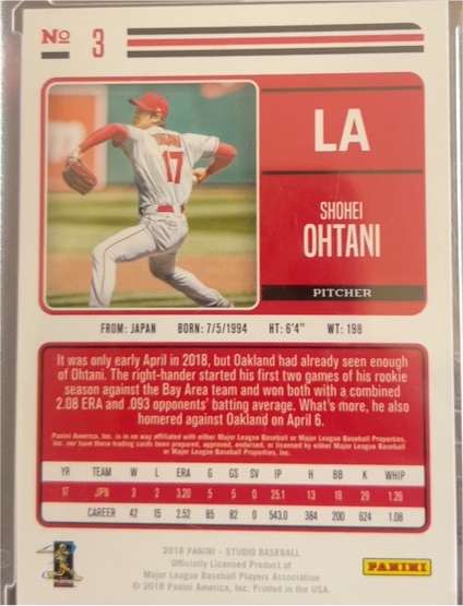 2018 Panini Studio Baseball #3 Shohei Ohtani — front