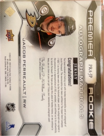2022-23 Upper Deck Premier Autograph Materials Rookie #PRA-JP Jacob Perreault — front