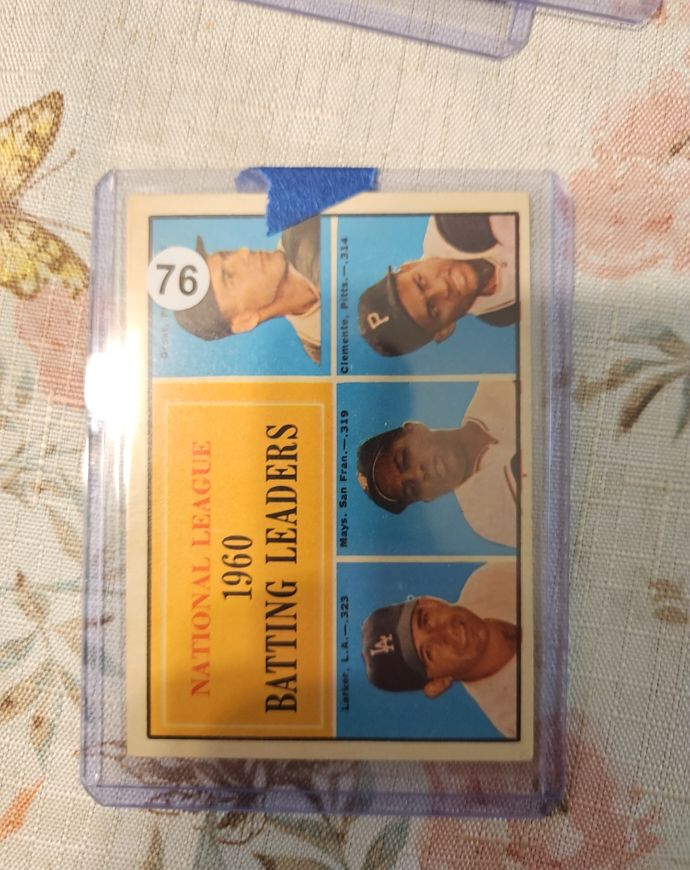 1961 Topps #76 National League 1960 Batting Leaders Clemente Mays Aaron Robinson — front