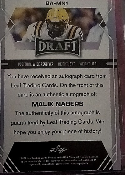2022 Leaf Draft #BA-MN1 Malik Nabers — back