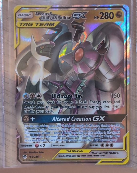 2019 Pokémon Sun & Moon Cosmic Eclipse #156/236 Arceus & Dialga & Palkia GX — front