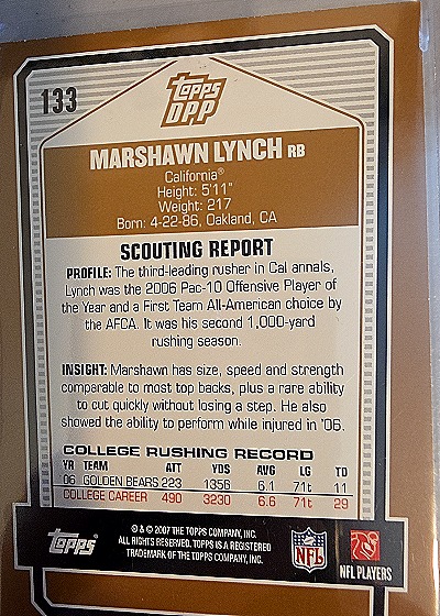 2007 Topps Draft Picks and Prospects #133 Marshawn Lynch — back