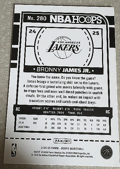 2024-25 Panini NBA Hoops #280 Bronny James Jr. — back