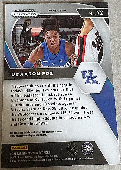 2021 Panini Prizm Draft Picks #72 De'Aaron Fox — back