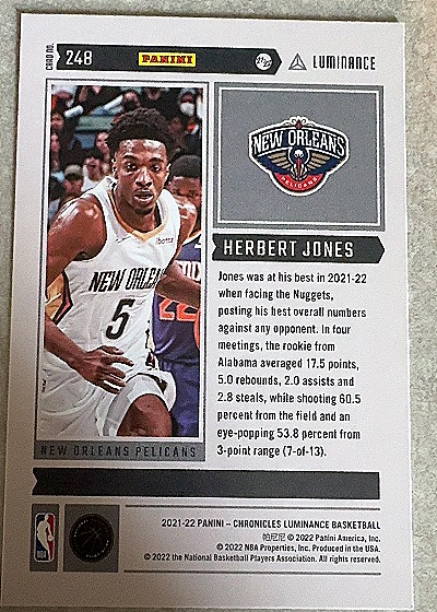 2021-22 Panini Chronicles Luminance #248 Herbert Jones — back