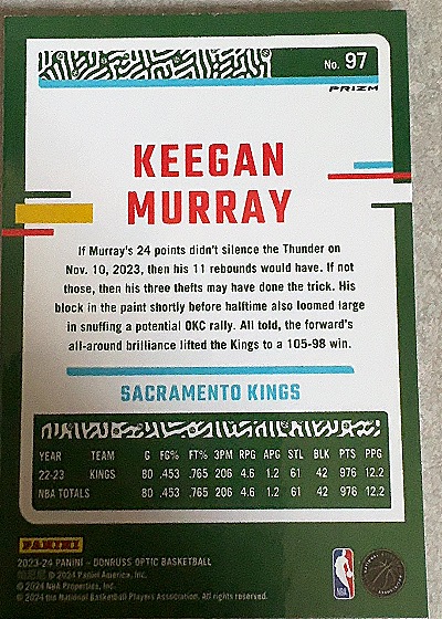 2023-24 Donruss Optic #97 Keegan Murray — back