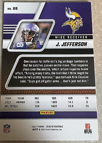2023 Panini Zenith Red Zone #68 Justin Jefferson — back