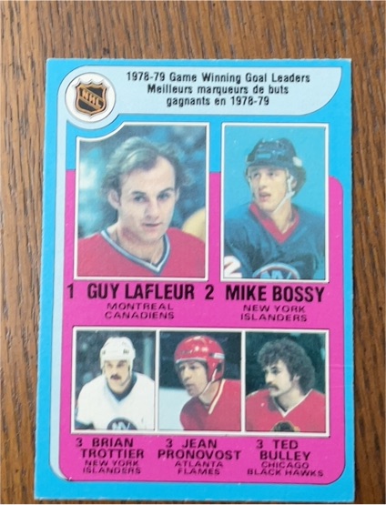 1978-79 O-Pee-Chee #7 Game Winning Goal Leaders Guy Lafleur, Mike Bossy, Brian Trottier, Jean Pronovost, Ted Bulley — front