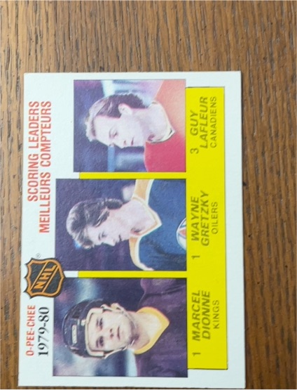 1980-81 O-Pee-Chee #163 Scoring Leaders Wayne Gretzky Marcel Dionne Guy Lafleur — front