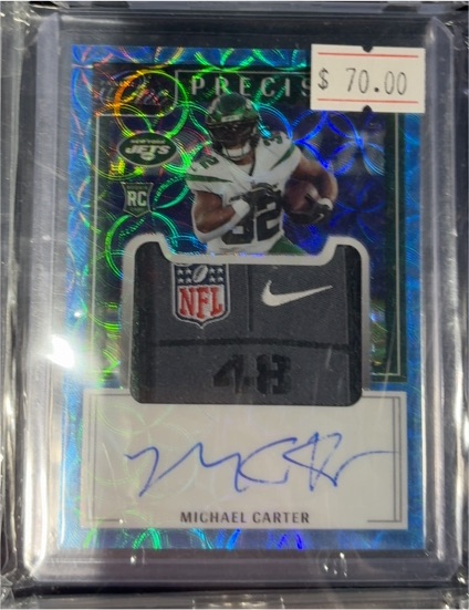 2021 Panini One Precision #Michael Carter RC Auto Laundry Tag Shield Swoosh — front