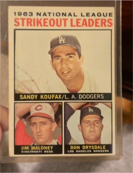1964 Topps #5 N.L. Strikeout Leaders Sandy Koufax/Maloney/Drysdale — front