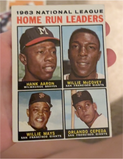1964 Topps #9 NL Home Run Leaders Hank Aaron, Willie Mays, Willie McCovey, Orlando Cepeda — front