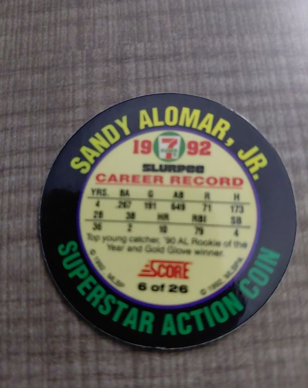 1992 Score Slurpee 7-11 Superstar Action Coin #6 Sandy Alomar, Jr. — front