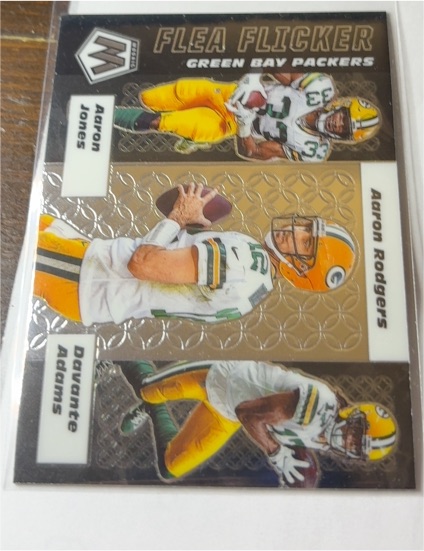 2020 Panini Mosaic #FF8 Aaron Jones / Aaron Rodgers / Davante Adams Flea Flicker — front