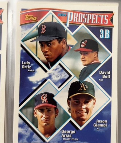 1994 Topps #369 3B Prospects Luis Ortiz / David Bell / Jason Giambi / George Arias — front