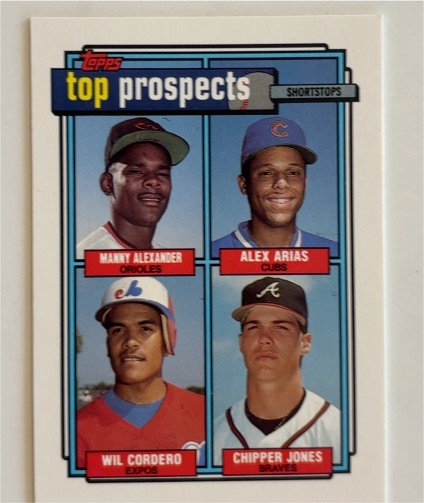 1992 Topps #551 Top Prospects Manny Alexander Alex Arias Wil Cordero Chipper Jones — front