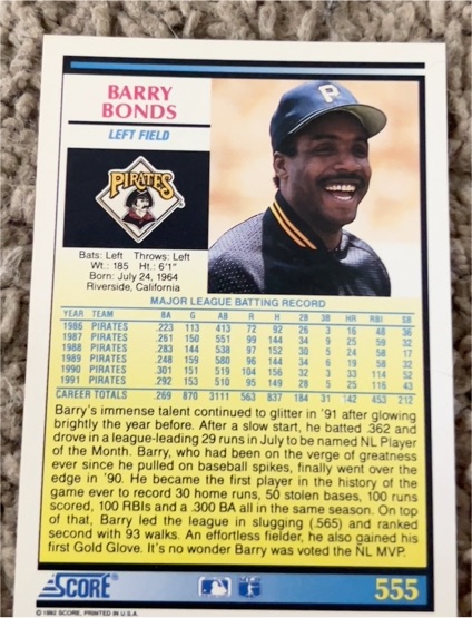 1992 Score #555 Barry Bonds — front