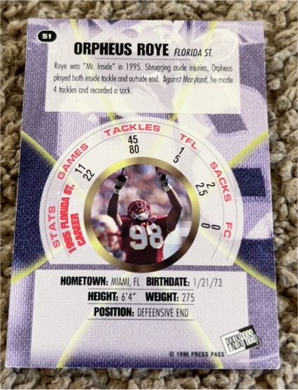 1996 Press Pass Premium #51 Orpheus Roye — front