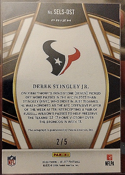2023 Panini Select #SELS-DST Derek Stingley Jr. — back