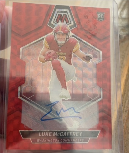 2024 Panini Mosaic #376 Luke McCaffrey Rookie Red Prizm Auto — front