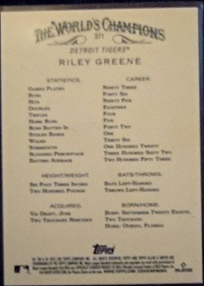 2023 Topps Allen & Ginter #371 Riley Greene — back