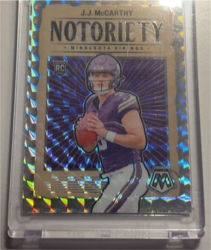 2024 Panini Mosaic #21 J.J. McCarthy Notoriety Green Mosaic Prizm Rookie — front