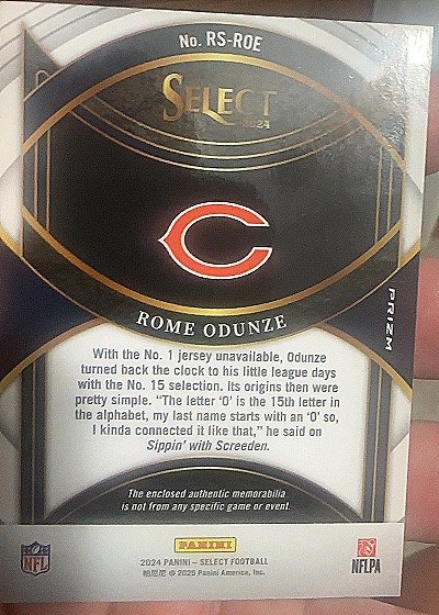 2024 Panini Select Rookie Swatches Red Prizm #RS-ROE Rome Odunze — back