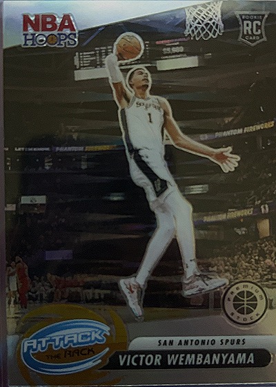 2023-24 Panini NBA Hoops Premium Stock #3 Victor Wembanyama Attack the Rack Silver Prizm RC — front