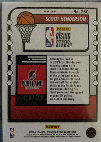 2023-24 Panini NBA Hoops Premium Stock Rising Stars #280 Scoot Henderson — back