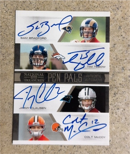 2010 Panini National Treasures Pen Pals #PP3 Sam Bradford/Tim Tebow/Jimmy Clausen/Colt McCoy — front