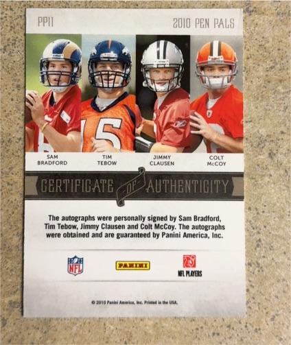 2010 Panini Pen Pals PP11 Sam Bradford Tim Tebow Jimmy Clausen Colt McCoy — front