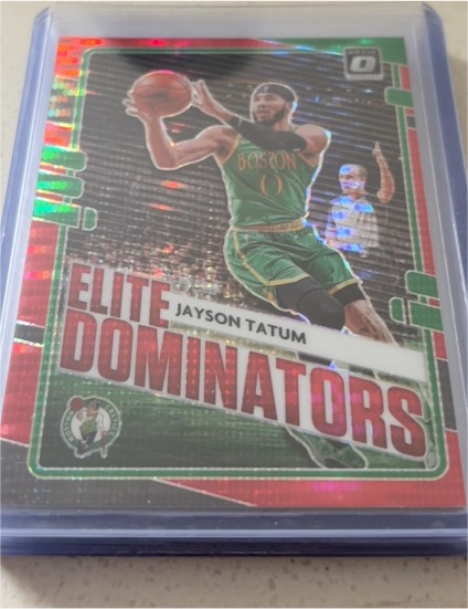 2020-21 Donruss Optic #18 Jayson Tatum Elite Dominators Red Pulsar Prizm — front