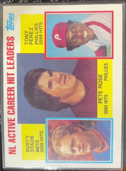 1984 Topps #702 NL Active Career Hit Leaders Pete Rose/Rusty Staub/Tony Perez — front