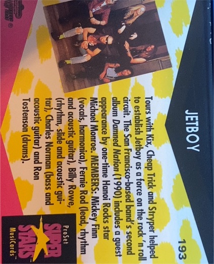 1991 Pro Set Super Stars MusiCards #193 Jetboy — front