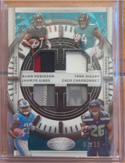 2023 Panini Certified Stitches In Time SITQ-3 Bijan Robinson, Tank Bigsby, Jahmyr Gibbs, Zach Charbonnet — front