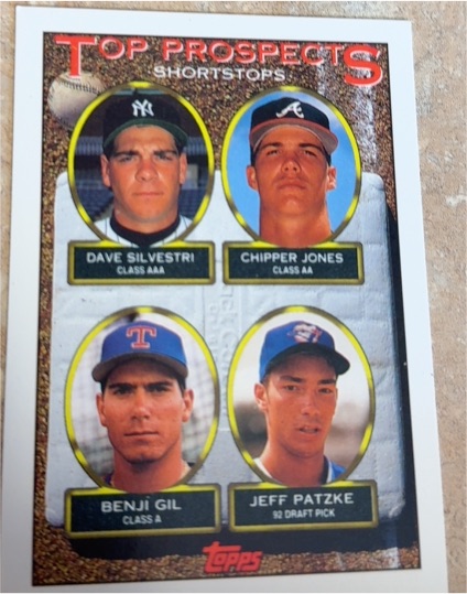 1993 Topps #529 Dave Silvestri / Chipper Jones / Benji Gil / Jeff Patzke Top Prospects — front