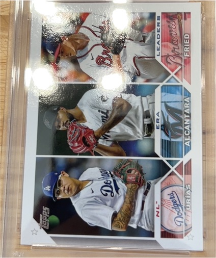 2023 Topps Series 1 #211 NL ERA Leaders Julio Urias / Sandy Alcantara / Max Fried — front