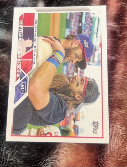 2023 Topps #432 Postseason Optimists Bryce Harper and Brandon Marsh — front