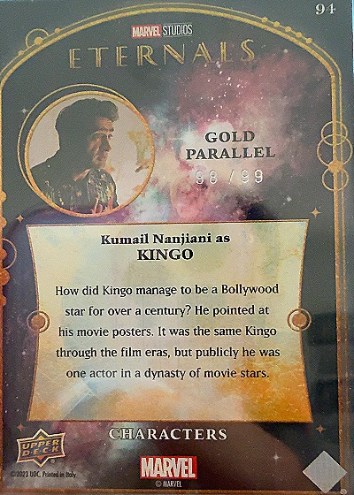 2023 Upper Deck Marvel Studios Eternals #94 Kumail Nanjiani as Kingo Gold Parallel — back