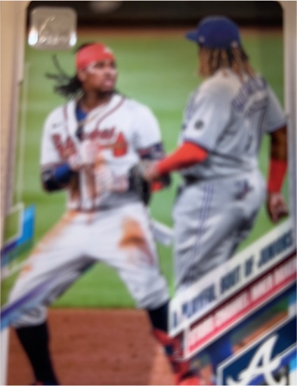 2021 Topps #61 A Playful Bout of Juniors Ronald Acuna Jr. / Vladimir Guerrero Jr. — front