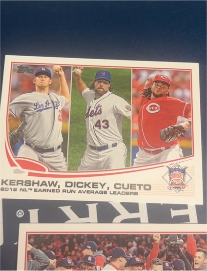 2013 Topps #81 2012 NL ERA Leaders Clayton Kershaw, R.A. Dickey, Johnny Cueto — front